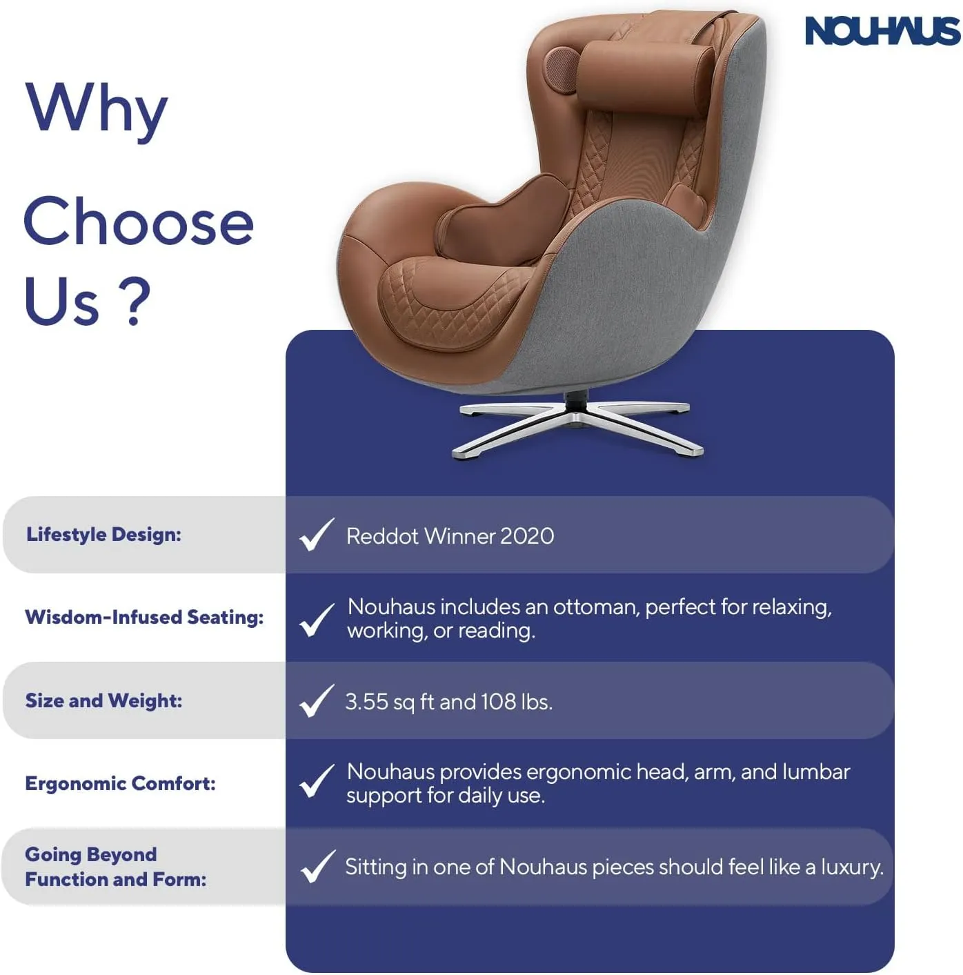 Nouhaus Classic Massage Chair with Ottoman – Caramel Leather Recliner with Percussive Shiatsu Massager, Built-in Speaker & Full Body Spot Massage – Ultimate Comfort for Home & Office