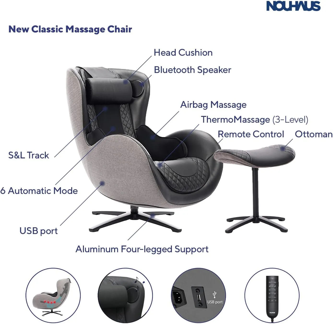 Nouhaus Heated Classic Massage Chair Full Body and Spot Massaging Recliner with Ottoman, Bluetooth Speaker, in-Chair Charger. Portable Shiatsu Body Massager Chair (Black)