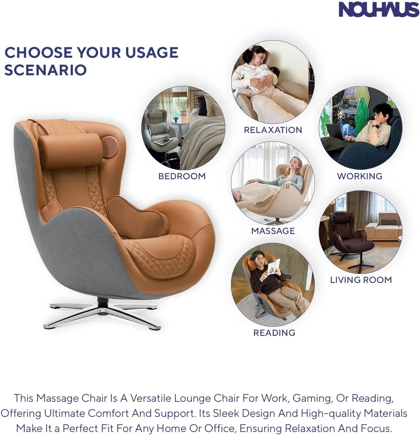 NOUHAUS Heated Classic Massage Chair Full Body and Spot Massaging Recliner with Ottoman, Bluetooth Speaker, in-Chair Charger. Portable Shiatsu Body Massager Chair (Caramel, Leather)