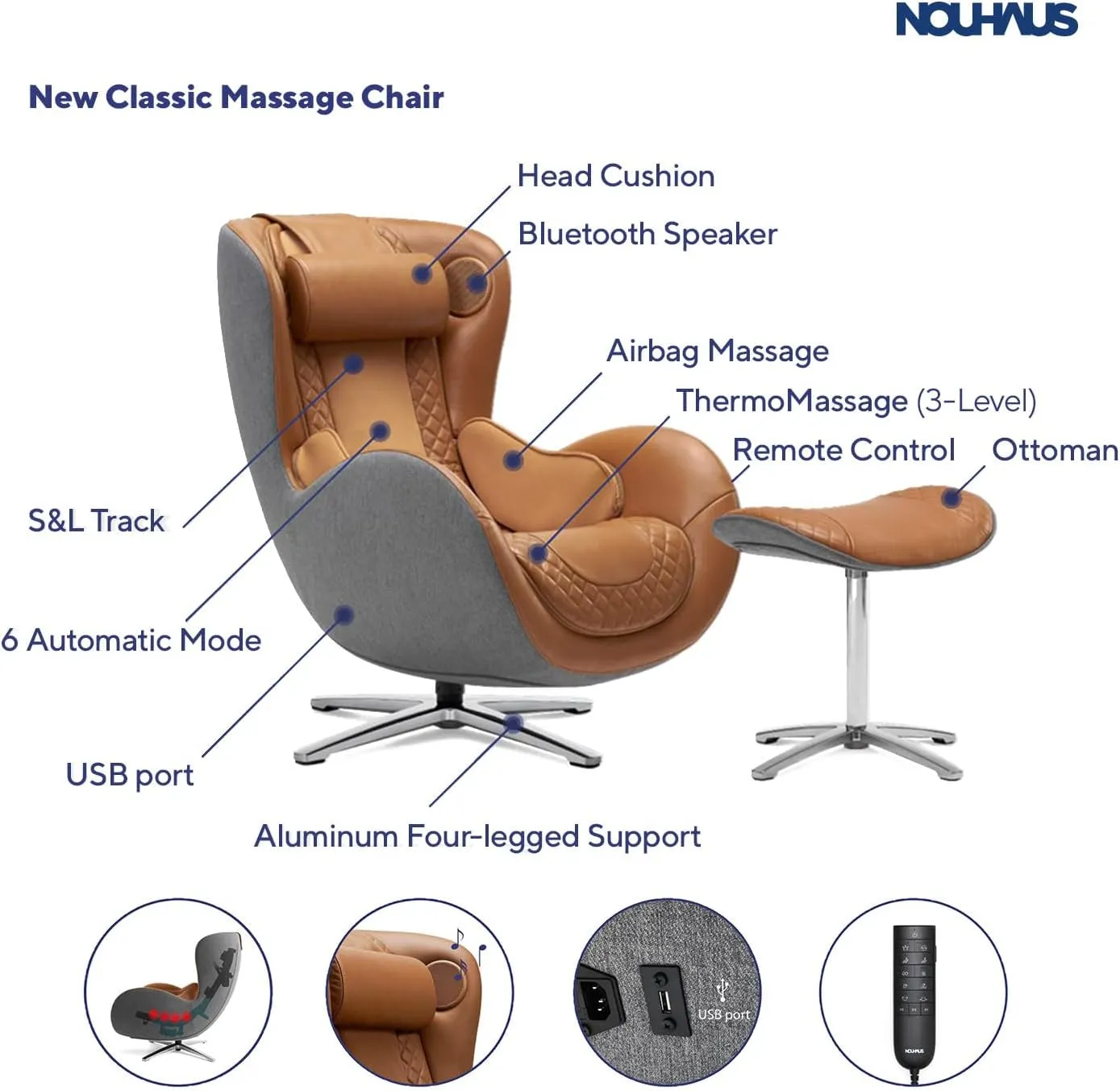 NOUHAUS Heated Classic Massage Chair Full Body and Spot Massaging Recliner with Ottoman, Bluetooth Speaker, in-Chair Charger. Portable Shiatsu Body Massager Chair (Caramel, Leather)