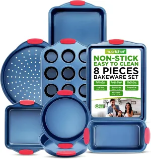 NutriChef 8-Piece Nonstick Bakeware Set – Durable Carbon Steel Bakeware with Silicone Handles – Baking set Includes Cookie Sheet, Muffin, Cake, Pizza & Roasting Pans – Even Heating, Easy Cleanup