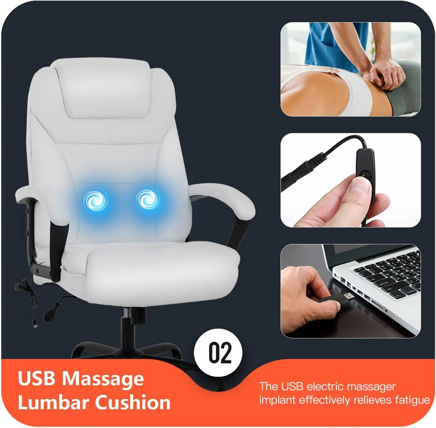 Office Chair Big and Tall 500lbs Ergonomic Computer Chair High Back PU Leather Wide Seat Desk Chair with Lumbar Support Arms Executive Task Chair for Hone Office,White