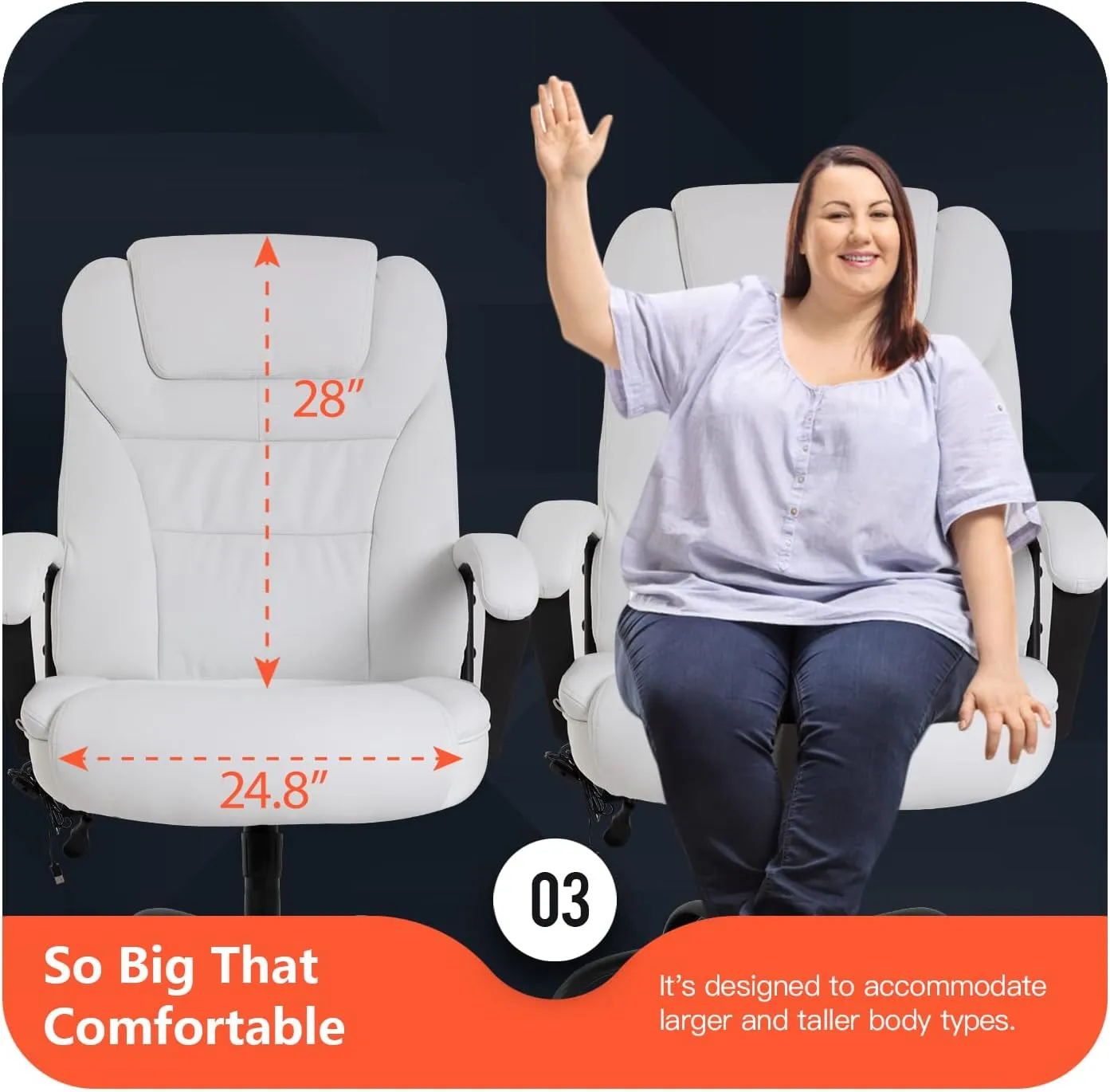 Office Chair Big and Tall 500lbs Ergonomic Computer Chair High Back PU Leather Wide Seat Desk Chair with Lumbar Support Arms Executive Task Chair for Hone Office,White