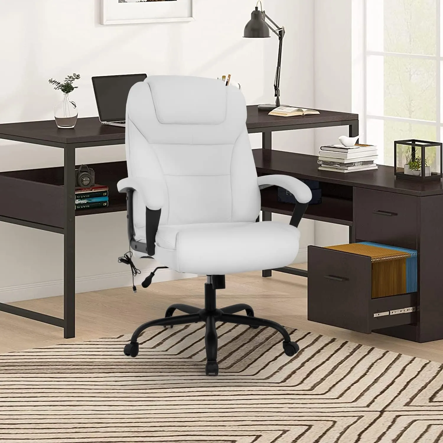 Office Chair Big and Tall 500lbs Ergonomic Computer Chair High Back PU Leather Wide Seat Desk Chair with Lumbar Support Arms Executive Task Chair for Hone Office,White