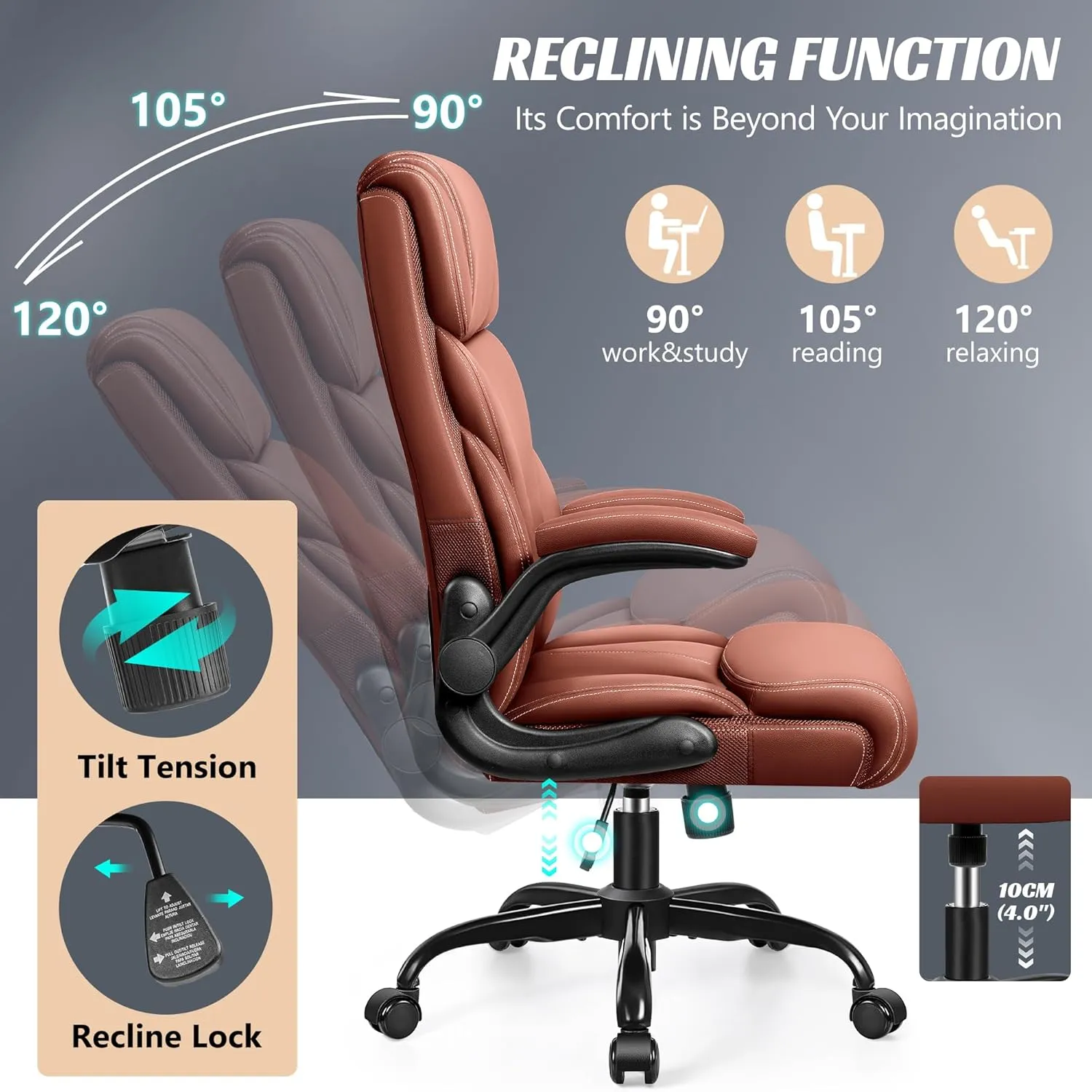 Office Chair, Ergonomic Big and Tall Computer Desk Chairs, Executive Breathable Leather Chair with Adjustable High Back Flip-up Armrests, Lumbar Support Swivel PC Chair with Rocking Function