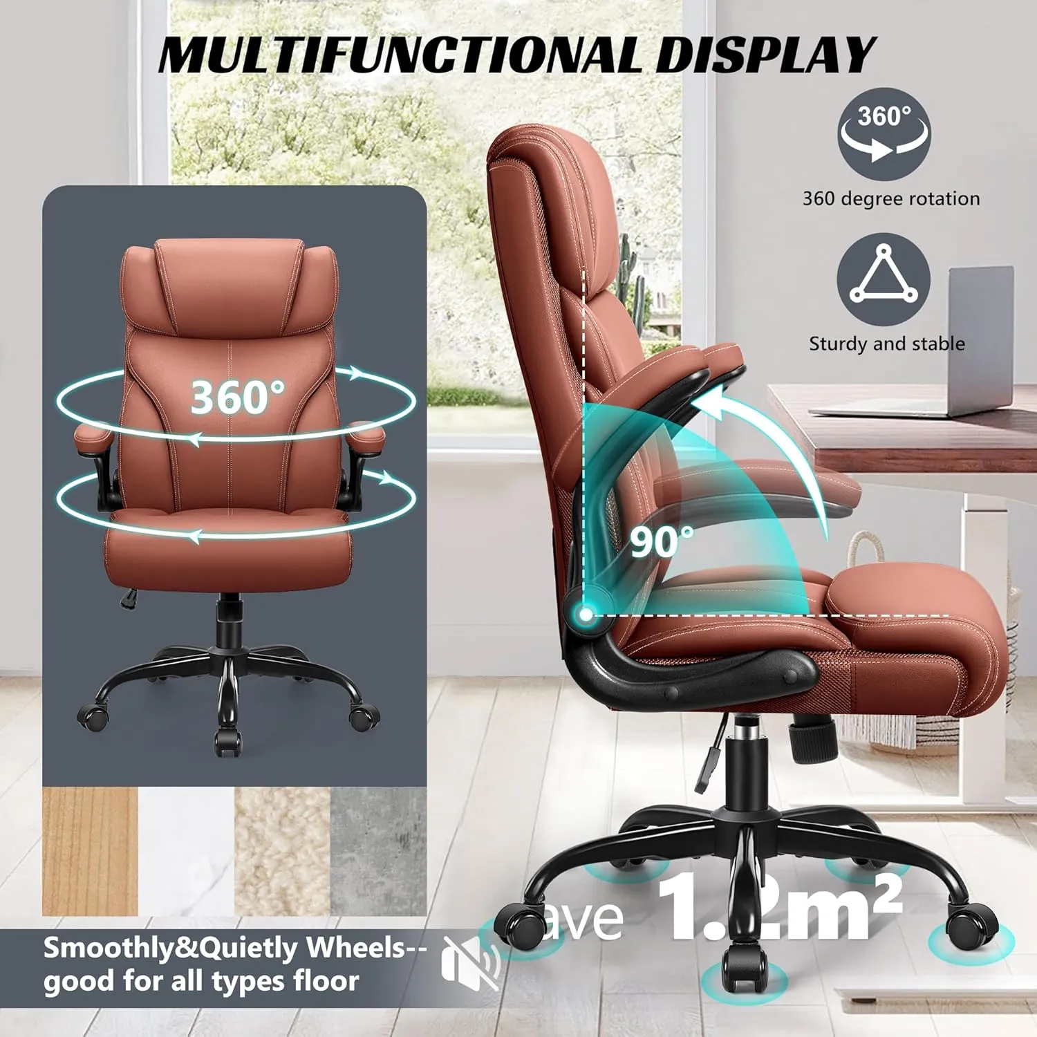 Office Chair, Ergonomic Big and Tall Computer Desk Chairs, Executive Breathable Leather Chair with Adjustable High Back Flip-up Armrests, Lumbar Support Swivel PC Chair with Rocking Function