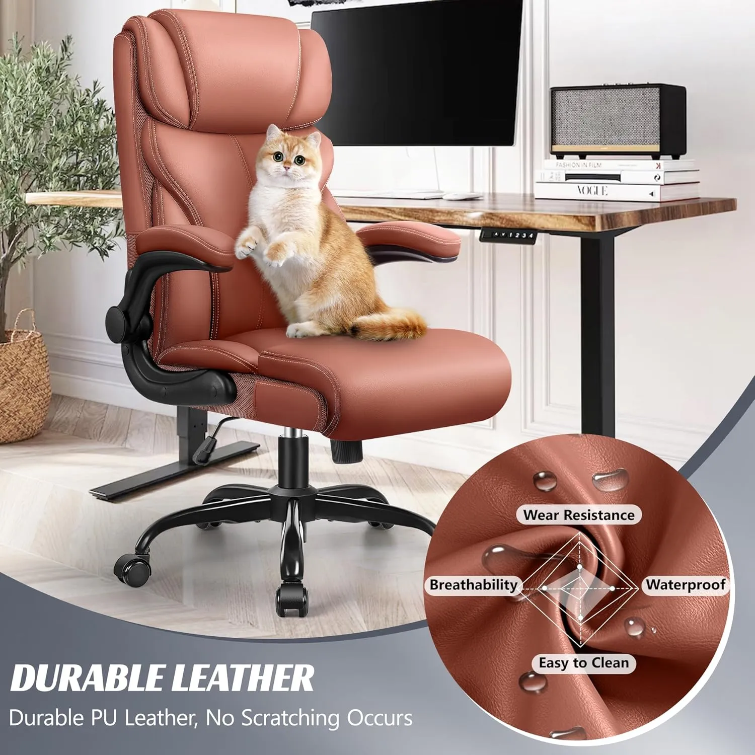 Office Chair, Ergonomic Big and Tall Computer Desk Chairs, Executive Breathable Leather Chair with Adjustable High Back Flip-up Armrests, Lumbar Support Swivel PC Chair with Rocking Function
