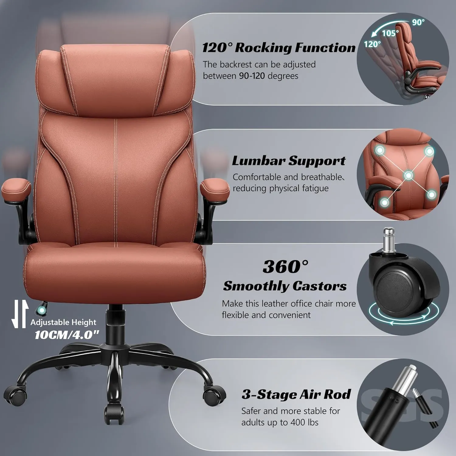 Office Chair, Ergonomic Big and Tall Computer Desk Chairs, Executive Breathable Leather Chair with Adjustable High Back Flip-up Armrests, Lumbar Support Swivel PC Chair with Rocking Function