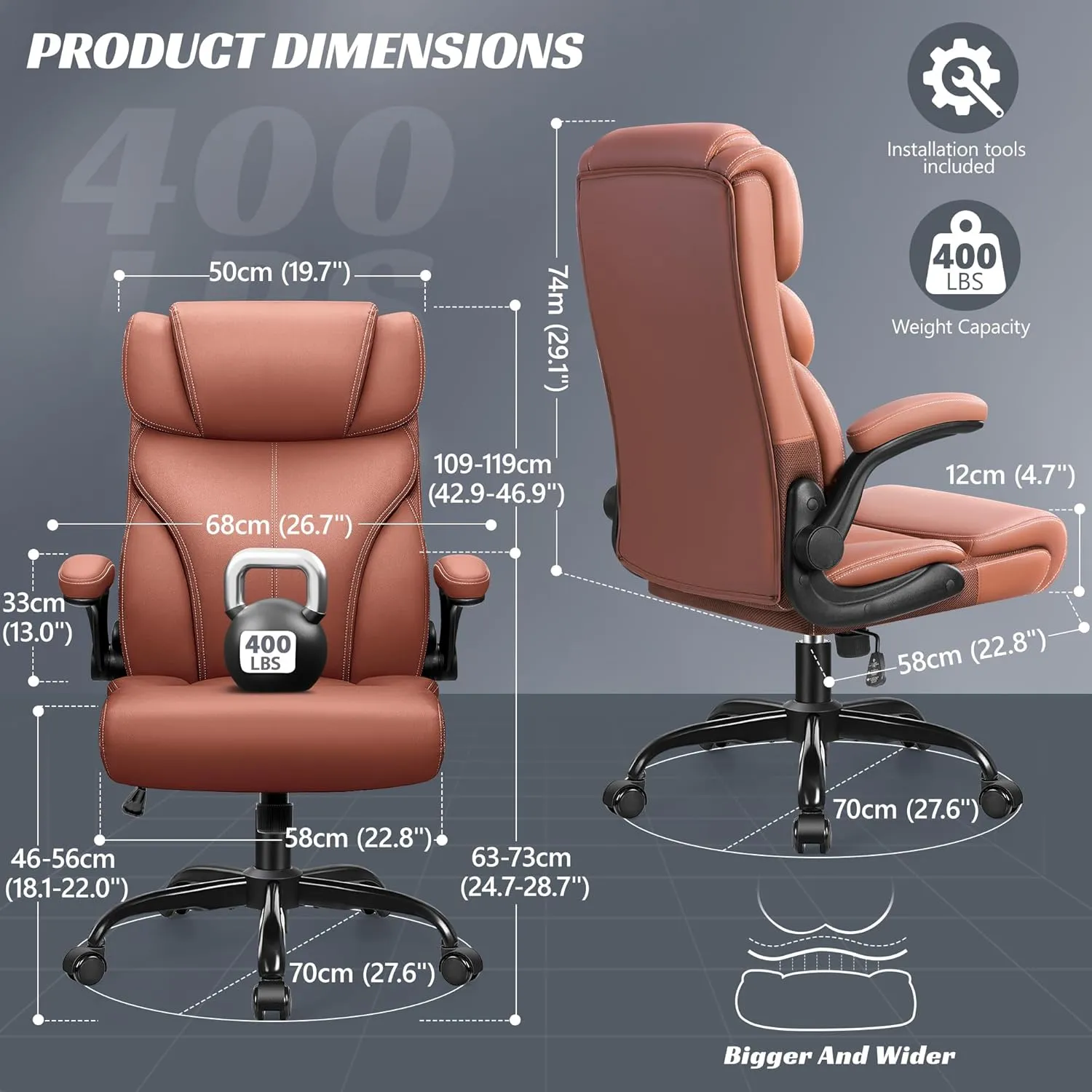 Office Chair, Ergonomic Big and Tall Computer Desk Chairs, Executive Breathable Leather Chair with Adjustable High Back Flip-up Armrests, Lumbar Support Swivel PC Chair with Rocking Function