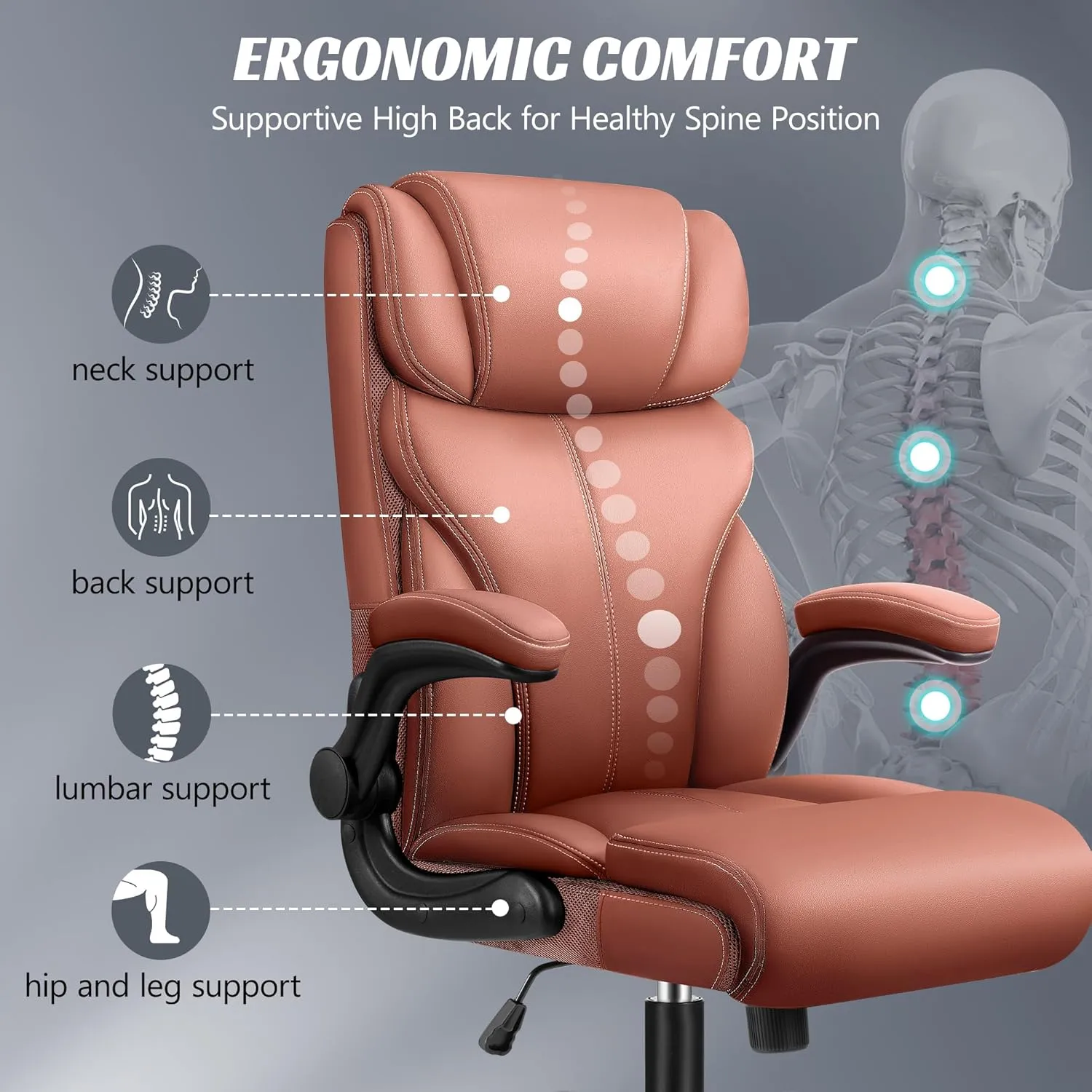 Office Chair, Ergonomic Big and Tall Computer Desk Chairs, Executive Breathable Leather Chair with Adjustable High Back Flip-up Armrests, Lumbar Support Swivel PC Chair with Rocking Function