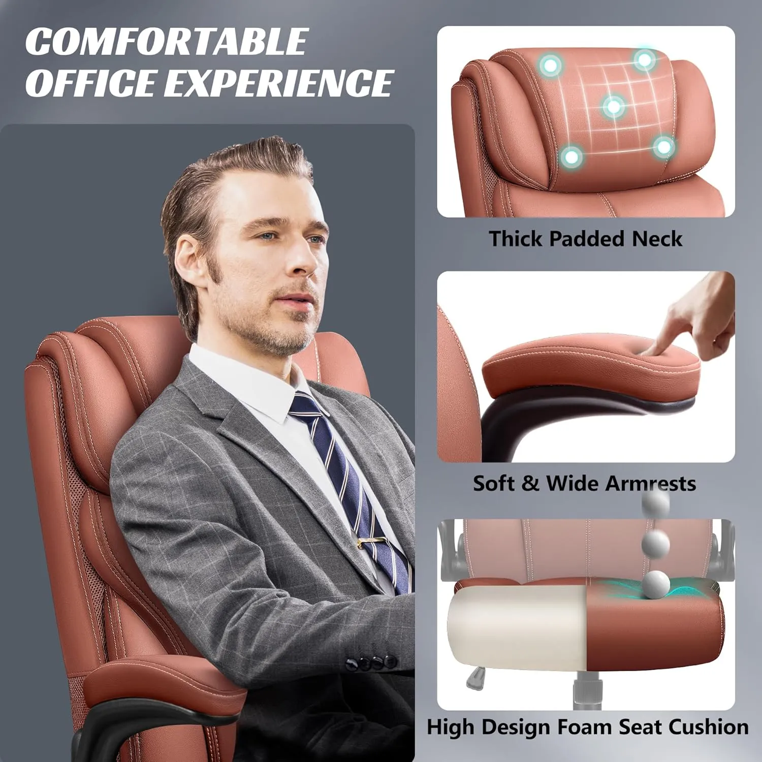 Office Chair, Ergonomic Big and Tall Computer Desk Chairs, Executive Breathable Leather Chair with Adjustable High Back Flip-up Armrests, Lumbar Support Swivel PC Chair with Rocking Function