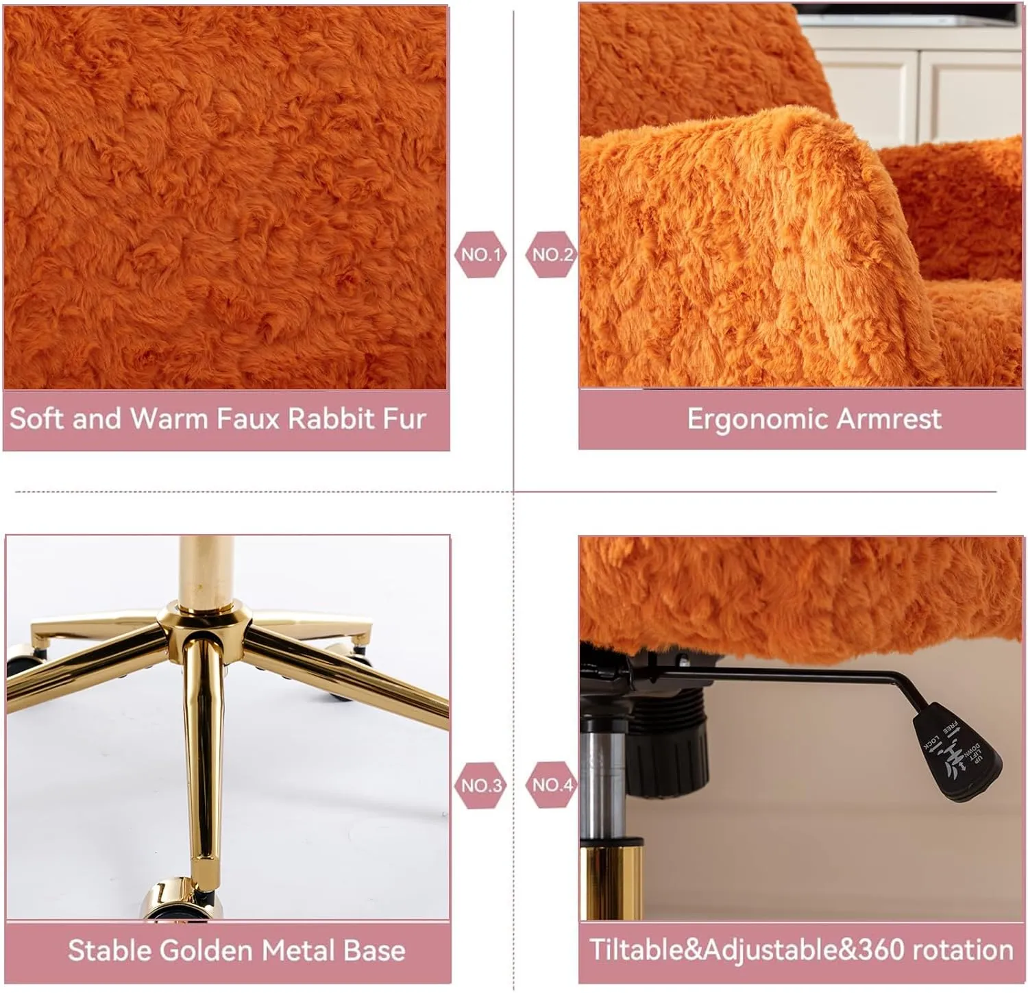 OFFICE Orange Faux Fur Home Swivel Elegant Vanity Chair for Girls & Kids with Height Adjustable & Tilting Back, Gold Base