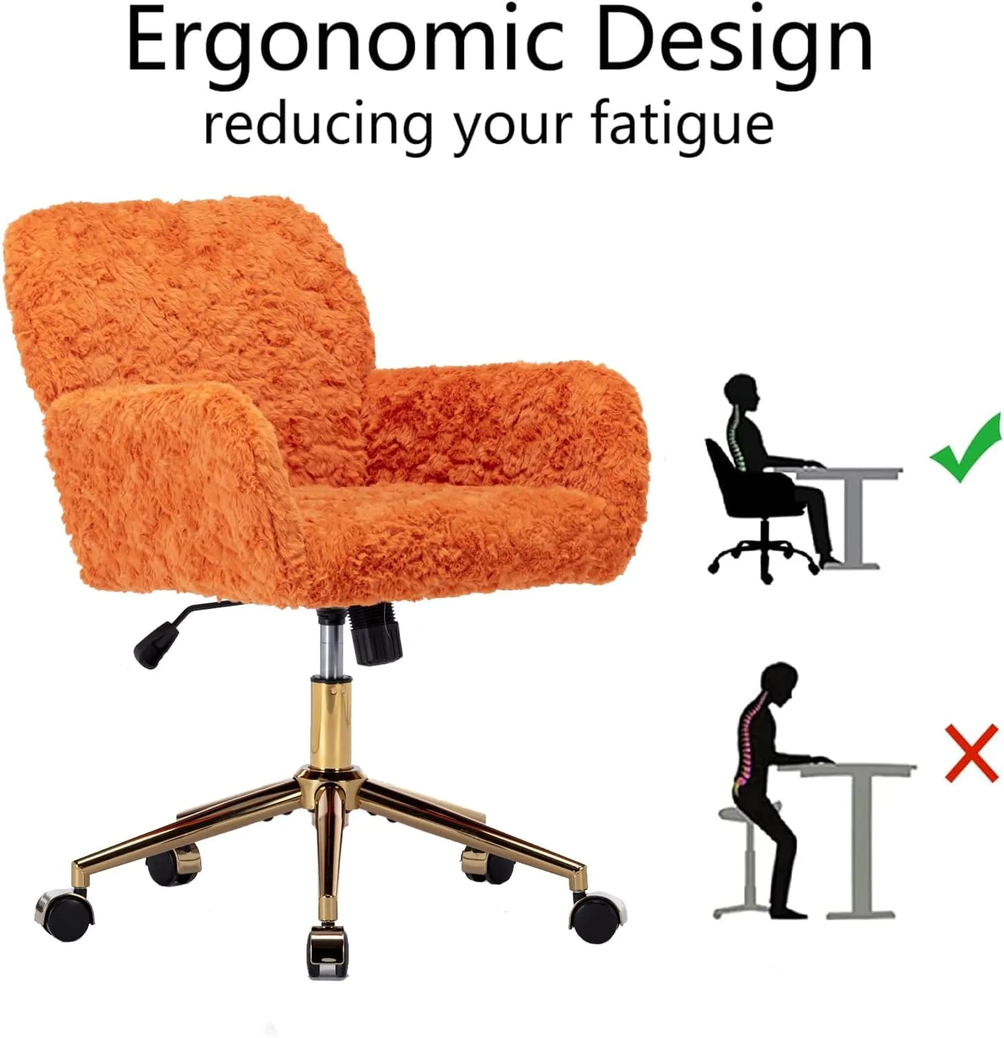 OFFICE Orange Faux Fur Home Swivel Elegant Vanity Chair for Girls & Kids with Height Adjustable & Tilting Back, Gold Base