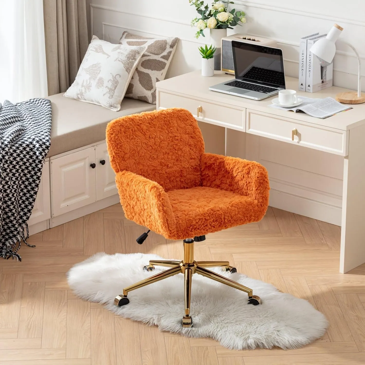 OFFICE Orange Faux Fur Home Swivel Elegant Vanity Chair for Girls & Kids with Height Adjustable & Tilting Back, Gold Base