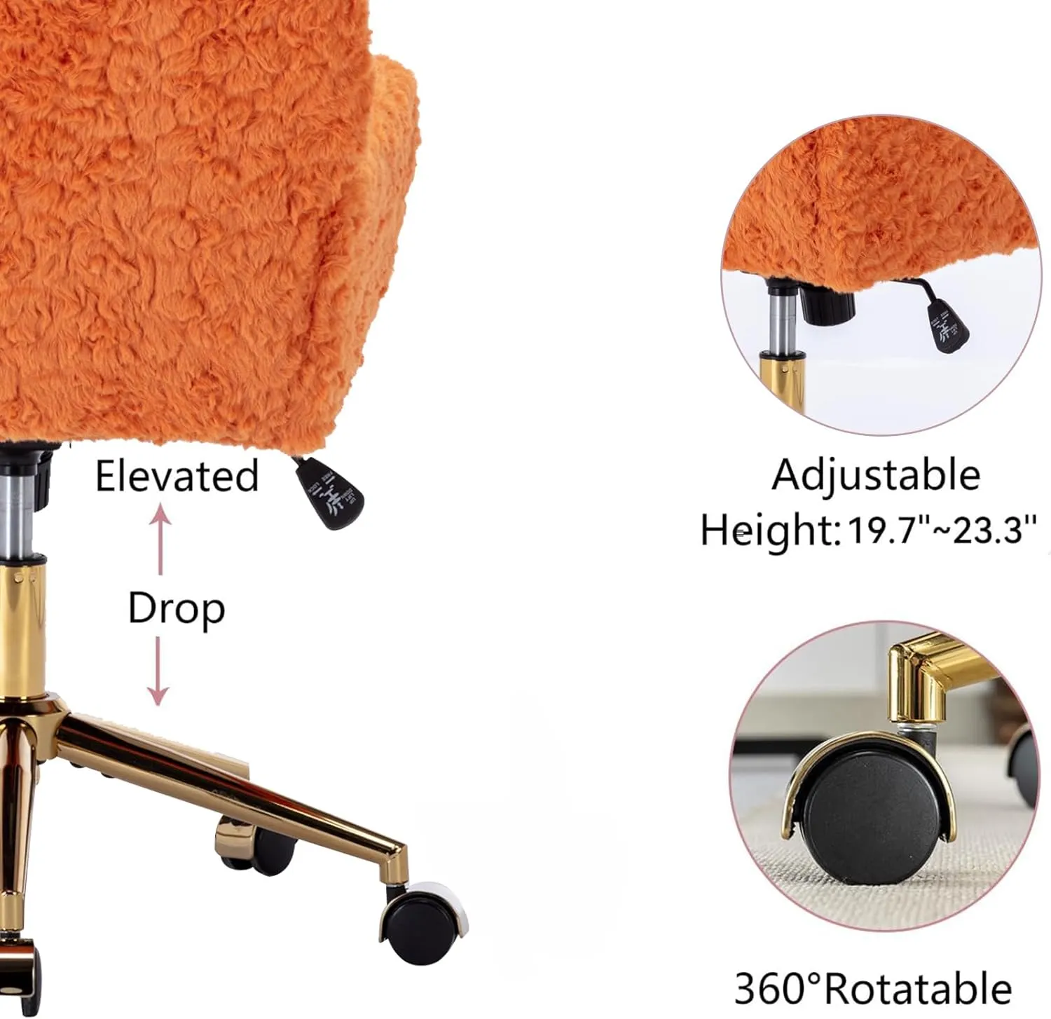 OFFICE Orange Faux Fur Home Swivel Elegant Vanity Chair for Girls & Kids with Height Adjustable & Tilting Back, Gold Base