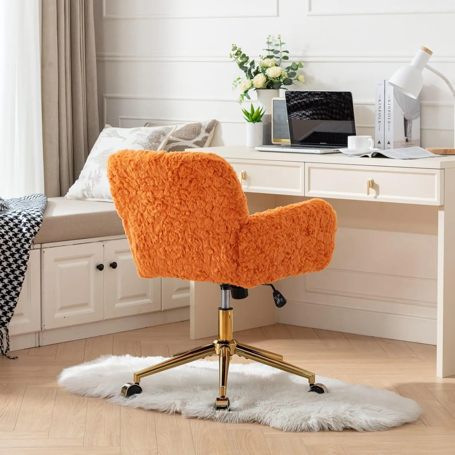 OFFICE Orange Faux Fur Home Swivel Elegant Vanity Chair for Girls & Kids with Height Adjustable & Tilting Back, Gold Base