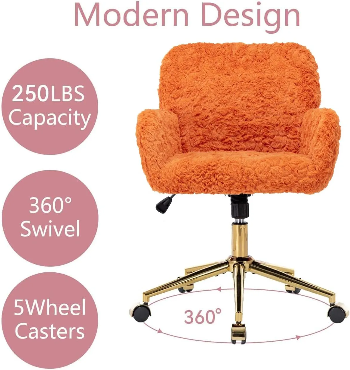 OFFICE Orange Faux Fur Home Swivel Elegant Vanity Chair for Girls & Kids with Height Adjustable & Tilting Back, Gold Base