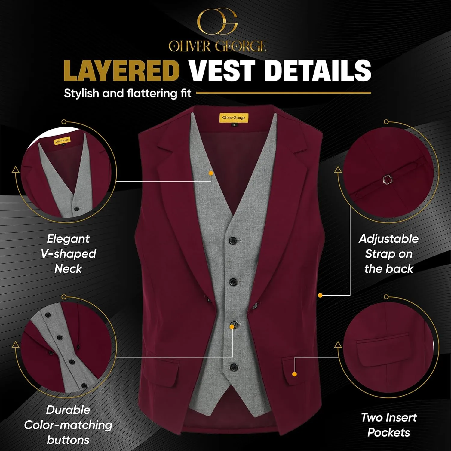 Oliver George Men's Layered Formal Solid Formal Tuxedo Dress Vest Waistcoat Business Vest for Suit or Tuxedo