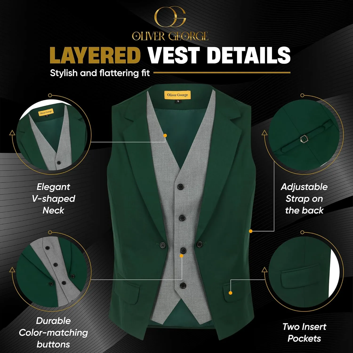 Oliver George Men's Layered Formal Solid Formal Tuxedo Dress Vest Waistcoat Business Vest for Suit or Tuxedo