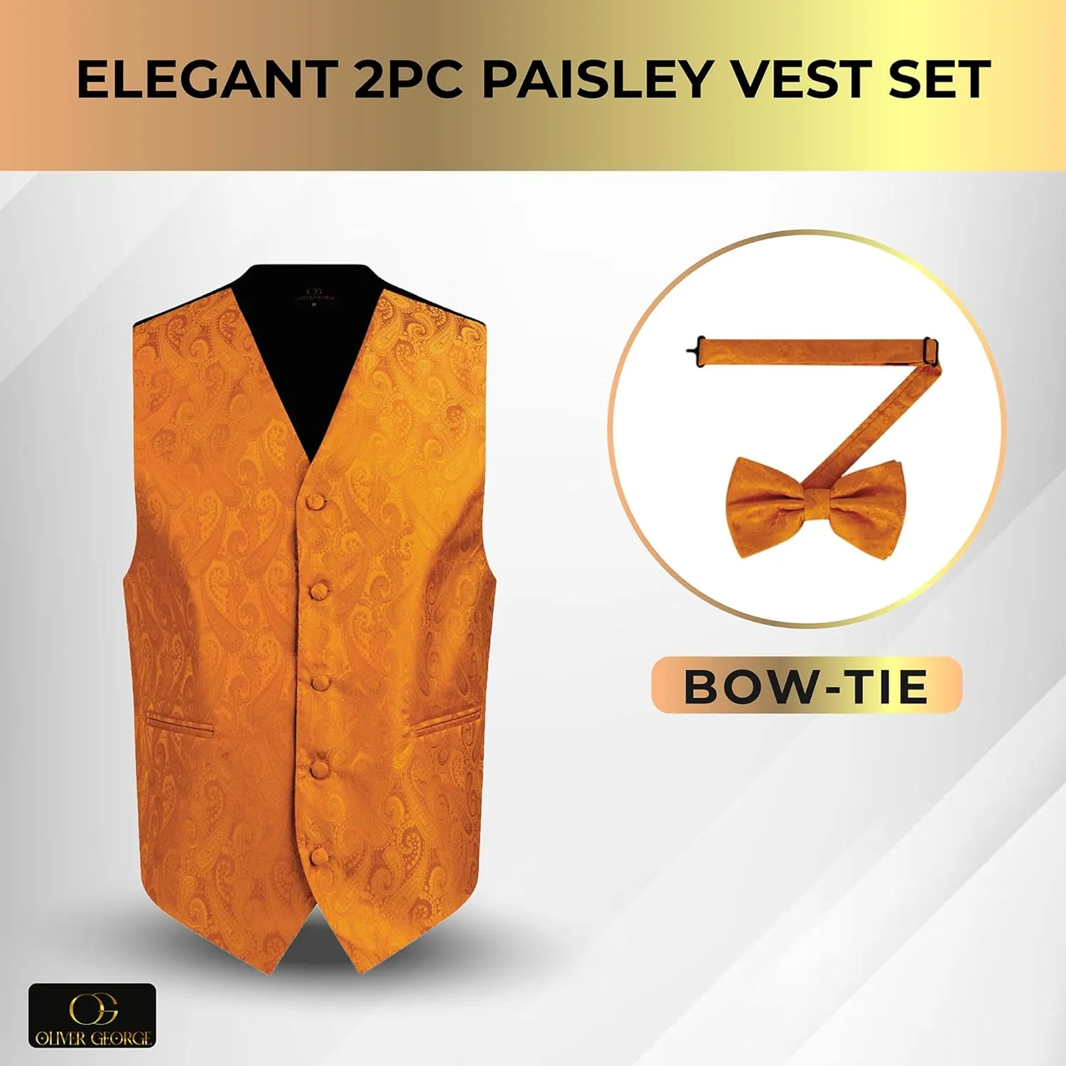 Oliver George Men's Paisley Formal Waistcoat Tuxedo Dress Vest Bow Tie Set for Suit or Tuxedo