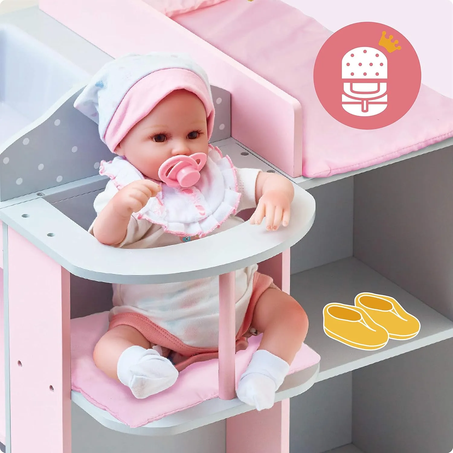 Olivia's Little World 6-in-1 Wooden Baby Doll Changing Station with Crib, Changing Table, High Chair, Double-Door Closet, Sink and Washing Machine, Multicolored