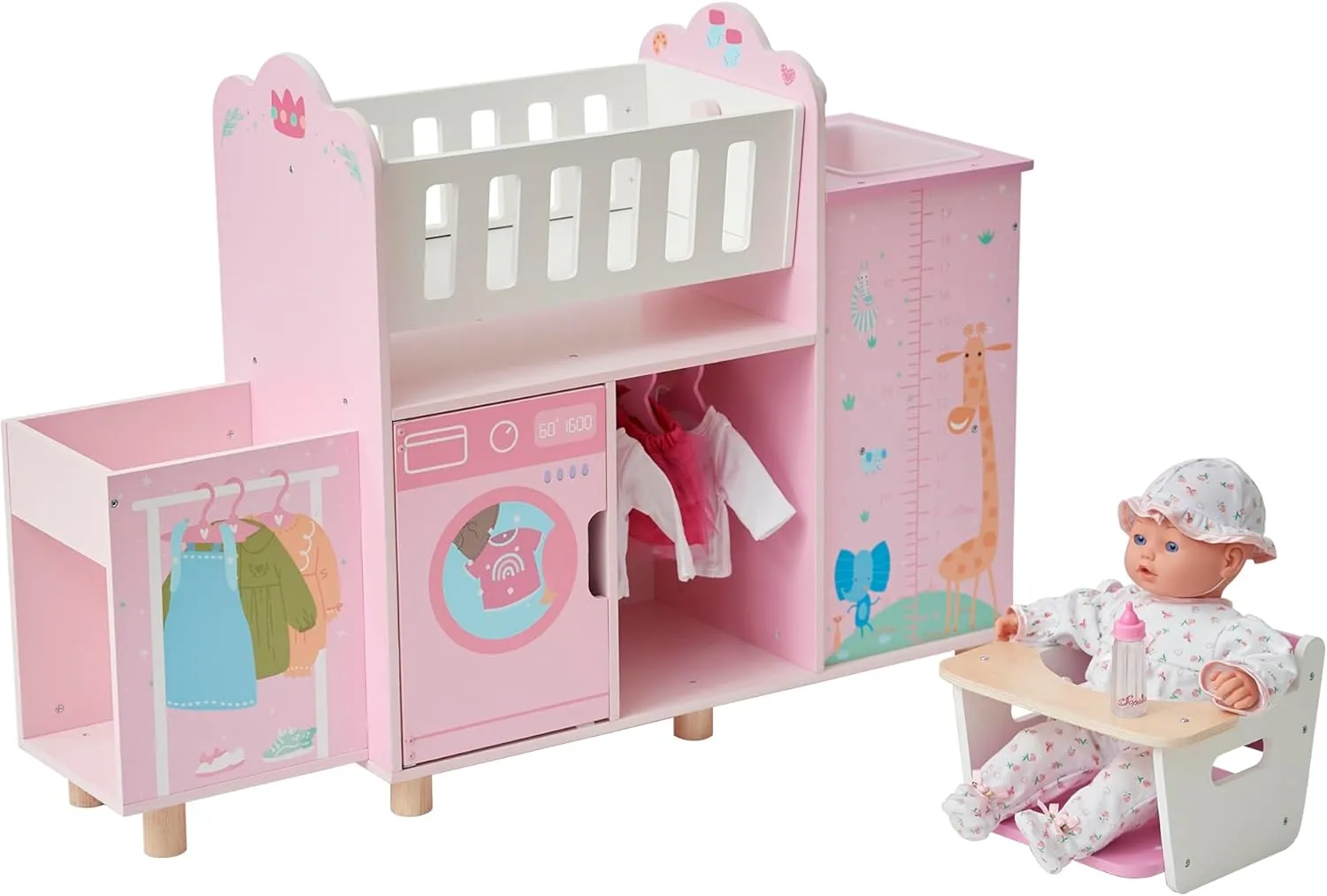 Olivia's Little World 6-in-1 Wooden Baby Doll Nursery Set – Crib, High Chair, Changing Table, Doll Furniture for 16” Dolls – Baby Doll Accessories Playset for Girls Ages 3 , Pink