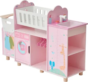 Olivia's Little World 6-in-1 Wooden Baby Doll Nursery Set – Crib, High Chair, Changing Table, Doll Furniture for 16” Dolls – Baby Doll Accessories Playset for Girls Ages 3 , Pink