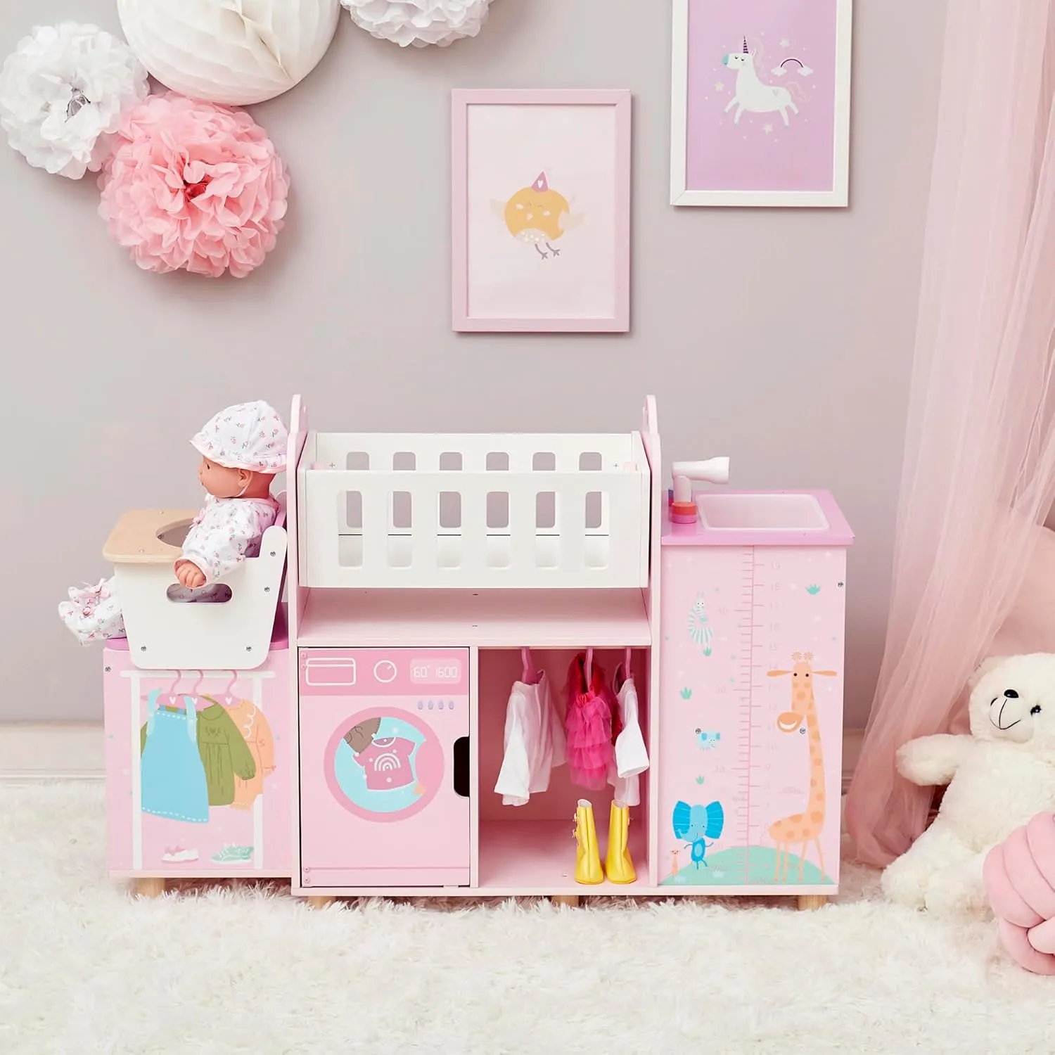 Olivia's Little World Amanda 6-in-1 Wooden Doll Nursery Station with Rocking Cradle, High Chair, Storage, Washing Machine and Sink - for 3 yrs and up, Pretend Play House, Daycare - Pink/Multi