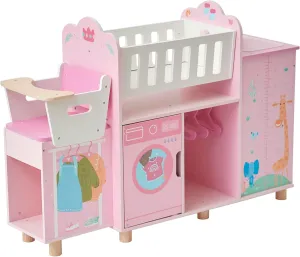 Olivia's Little World Amanda 6-in-1 Wooden Doll Nursery Station with Rocking Cradle, High Chair, Storage, Washing Machine and Sink - for 3 yrs and up, Pretend Play House, Daycare - Pink/Multi