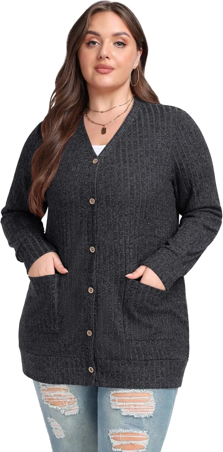 OLRIK Plus Size Sweater for Women Lightweight Long Sleeve Buttons Down Cardigans Casual Jacket Coat with Pockets