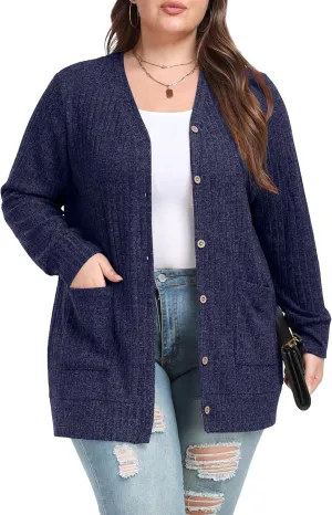 OLRIK Plus Size Sweater for Women Lightweight Long Sleeve Buttons Down Cardigans Casual Jacket Coat with Pockets