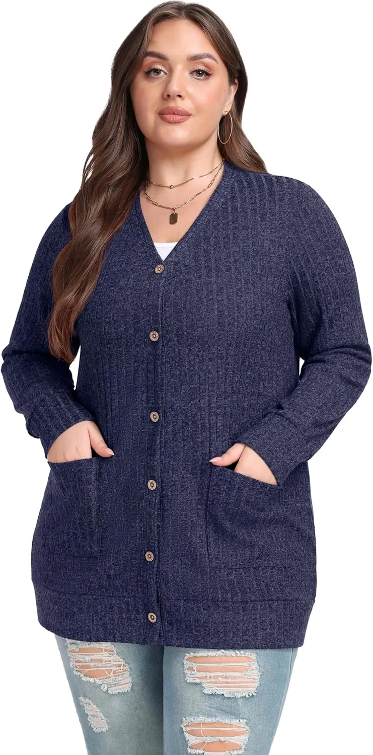 OLRIK Plus Size Sweater for Women Lightweight Long Sleeve Buttons Down Cardigans Casual Jacket Coat with Pockets