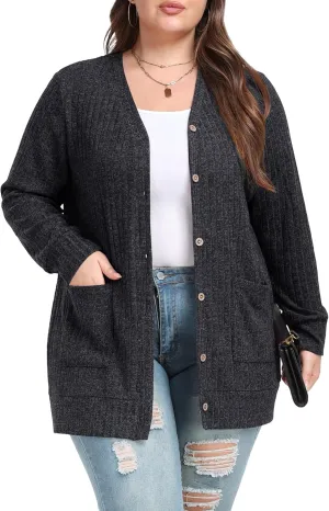 OLRIK Plus Size Sweater for Women Lightweight Long Sleeve Buttons Down Cardigans Casual Jacket Coat with Pockets