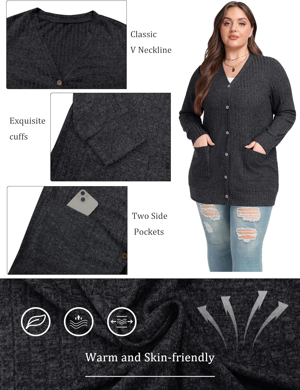OLRIK Plus Size Sweater for Women Lightweight Long Sleeve Buttons Down Cardigans Casual Jacket Coat with Pockets