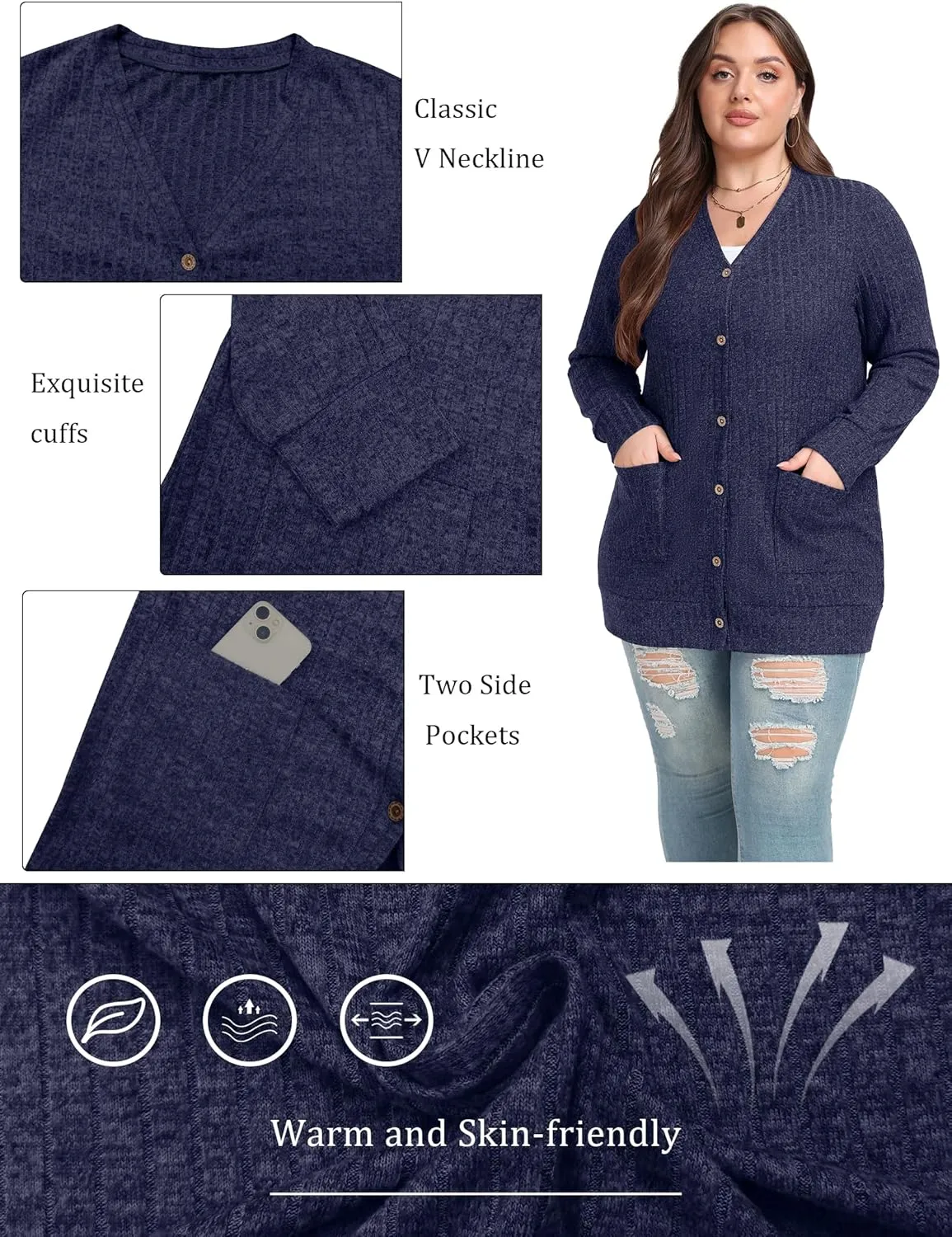 OLRIK Plus Size Sweater for Women Lightweight Long Sleeve Buttons Down Cardigans Casual Jacket Coat with Pockets