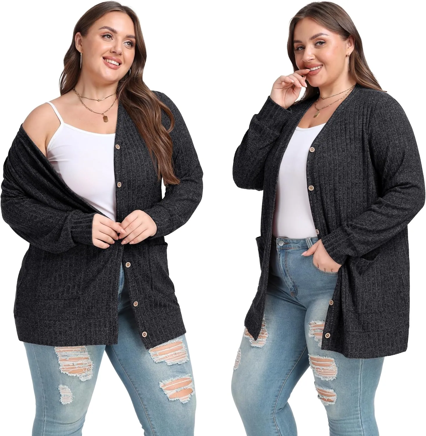 OLRIK Plus Size Sweater for Women Lightweight Long Sleeve Buttons Down Cardigans Casual Jacket Coat with Pockets