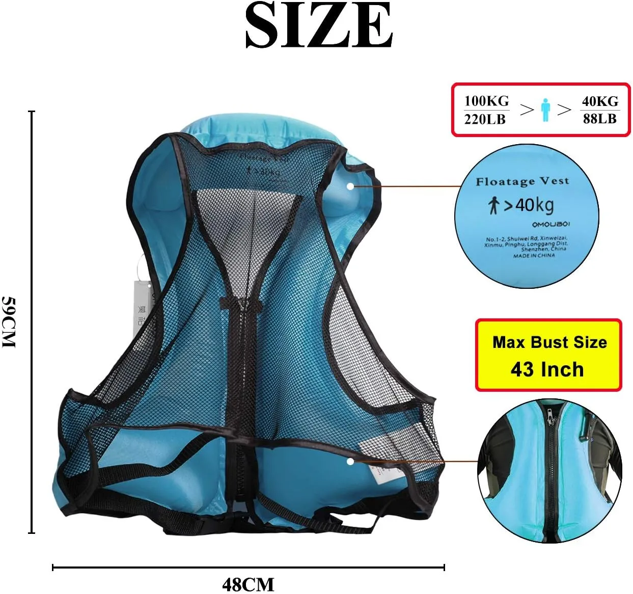 OMOUBOI Inflatable Snorkel Vest Kayak Swim Vest for Adults Snorkel Vests Inflatable Buoyancy Jacket Portable Diving Jackets Swimming Vests for Snorkeling Water Sports Beginner Adults-Only (96-220 lbs)