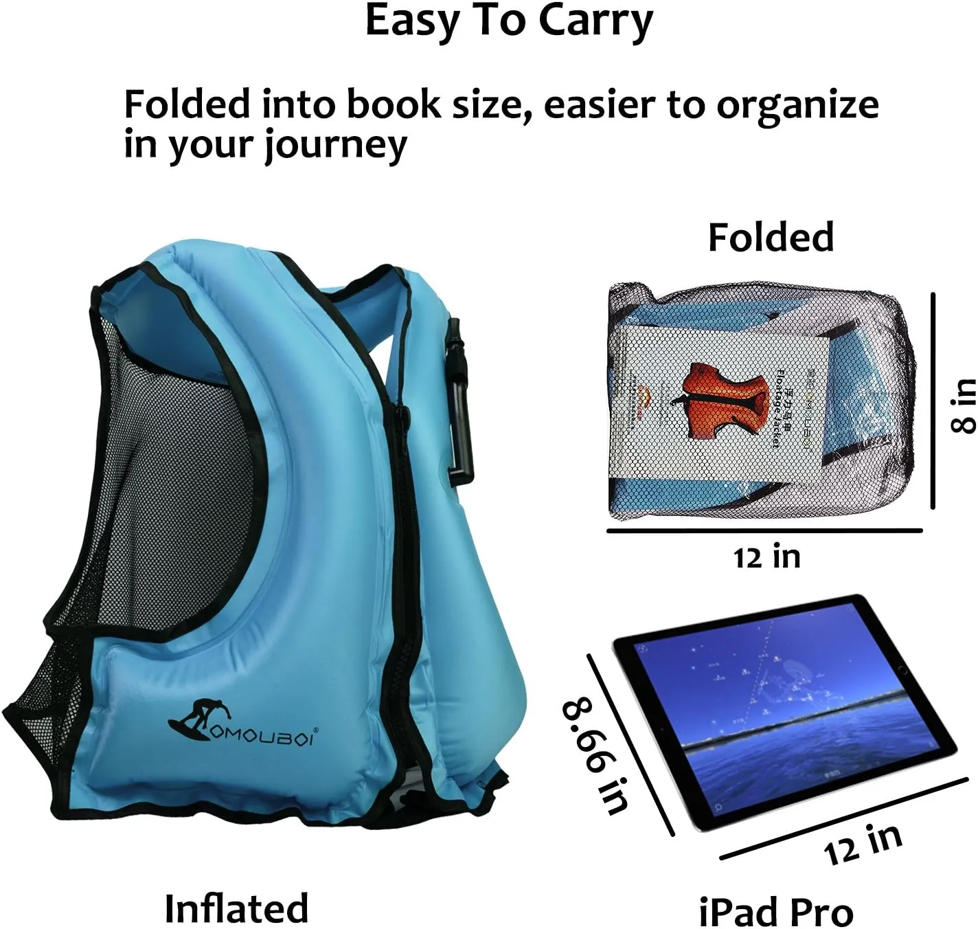 OMOUBOI Inflatable Snorkel Vest Kayak Swim Vest for Adults Snorkel Vests Inflatable Buoyancy Jacket Portable Diving Jackets Swimming Vests for Snorkeling Water Sports Beginner Adults-Only (96-220 lbs)