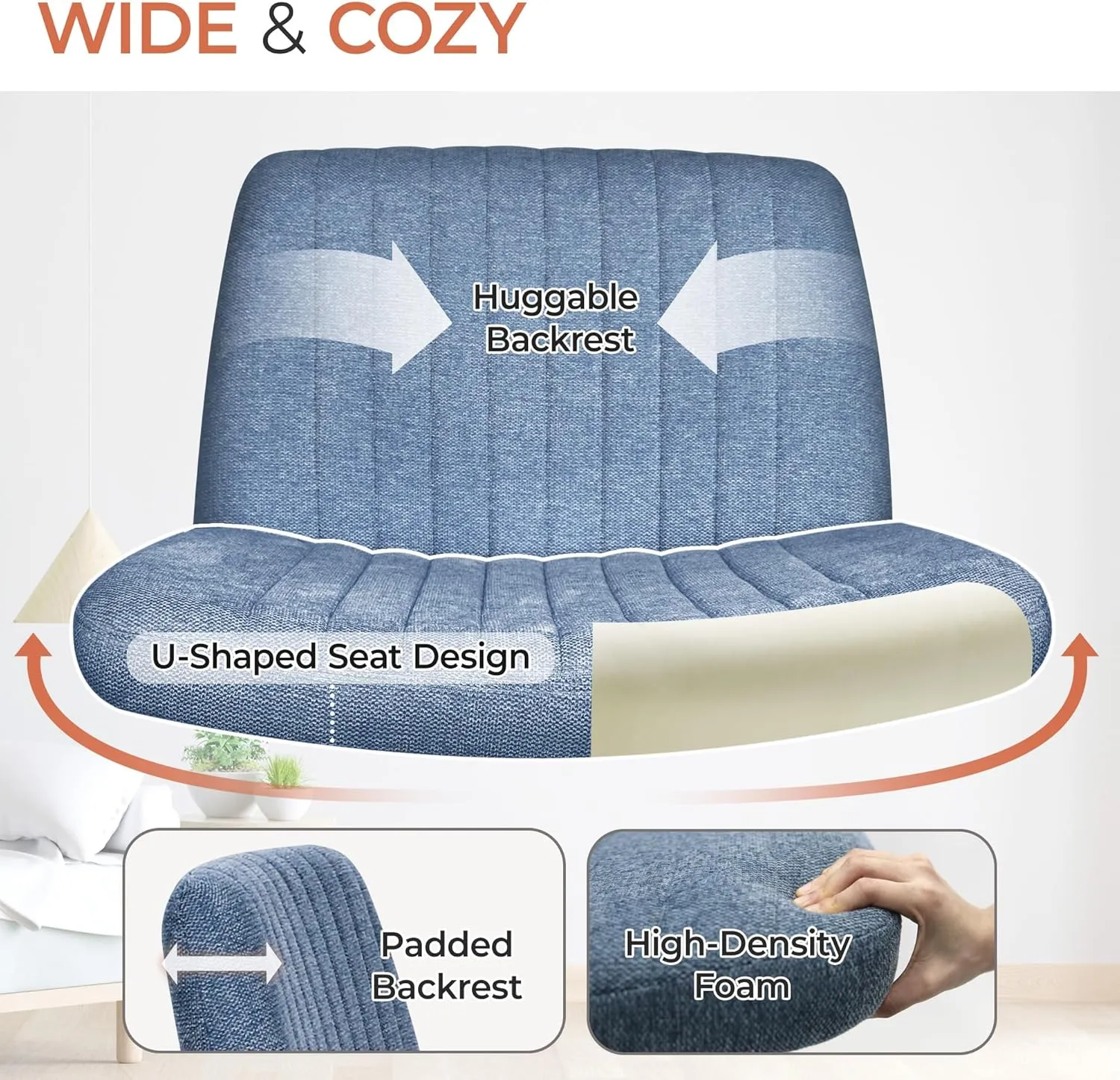 Orange Factory Criss Cross Chair No Wheel Wide Cross Legged Office Desk Vanity Chair Comfy Fabric Armless Adjustable Swivel for Home Computer Task (Blue)