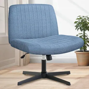 Orange Factory Criss Cross Chair No Wheel Wide Cross Legged Office Desk Vanity Chair Comfy Fabric Armless Adjustable Swivel for Home Computer Task (Blue)
