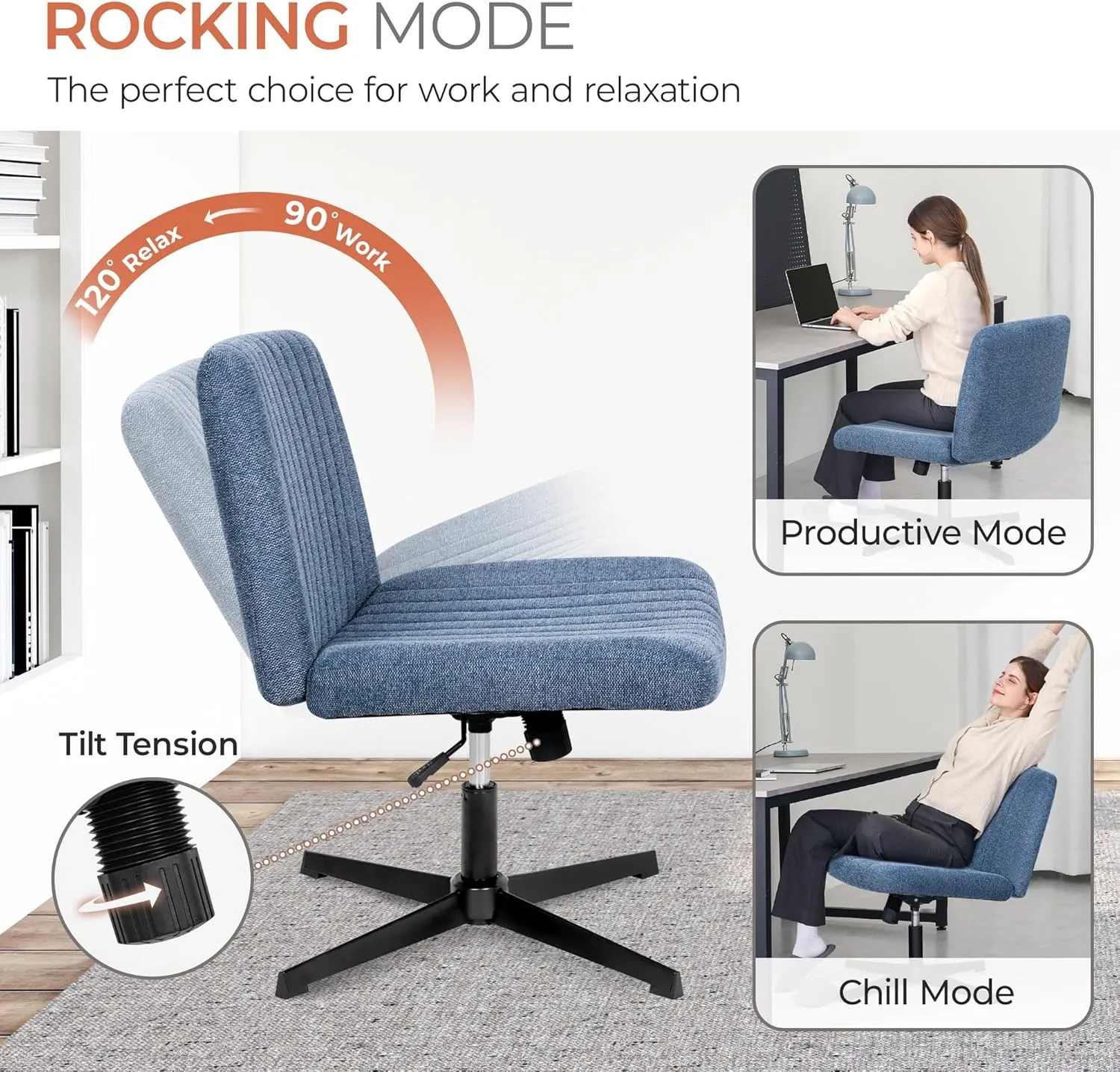 Orange Factory Criss Cross Chair No Wheel Wide Cross Legged Office Desk Vanity Chair Comfy Fabric Armless Adjustable Swivel for Home Computer Task (Blue)