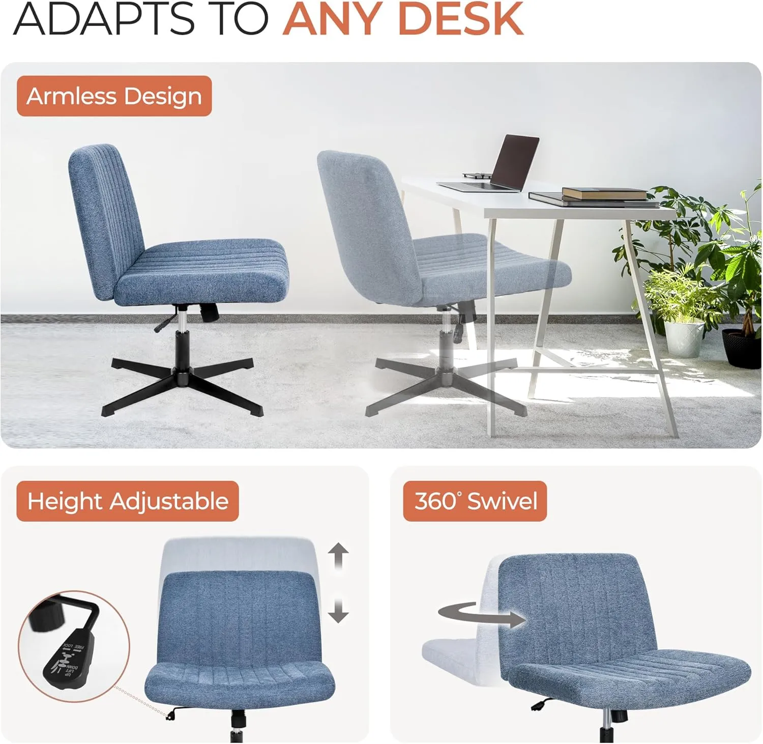 Orange Factory Criss Cross Chair No Wheel Wide Cross Legged Office Desk Vanity Chair Comfy Fabric Armless Adjustable Swivel for Home Computer Task (Blue)