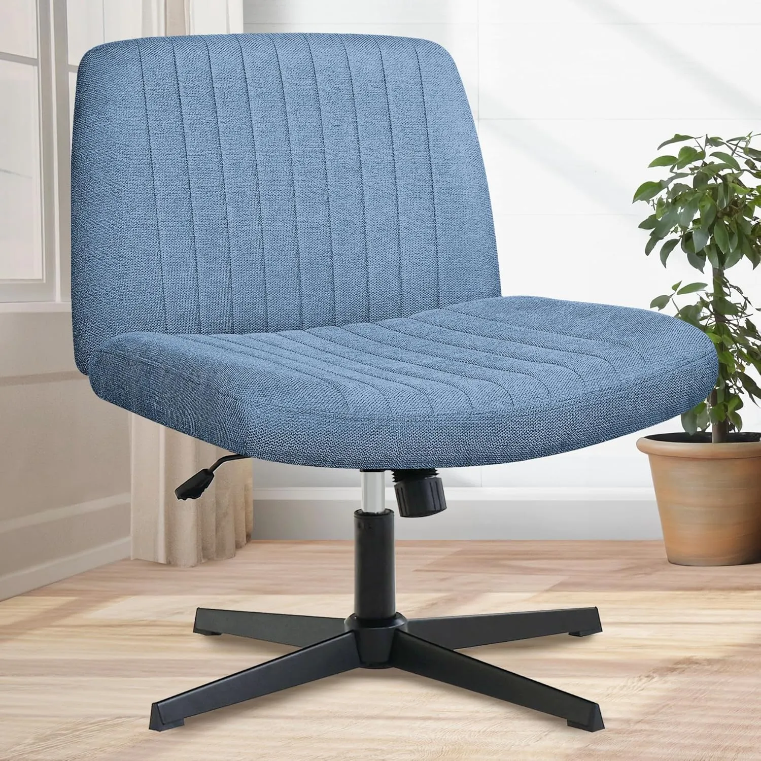 Orange Factory Criss Cross Chair No Wheel Wide Cross Legged Office Desk Vanity Chair Comfy Fabric Armless Adjustable Swivel for Home Computer Task (Blue)