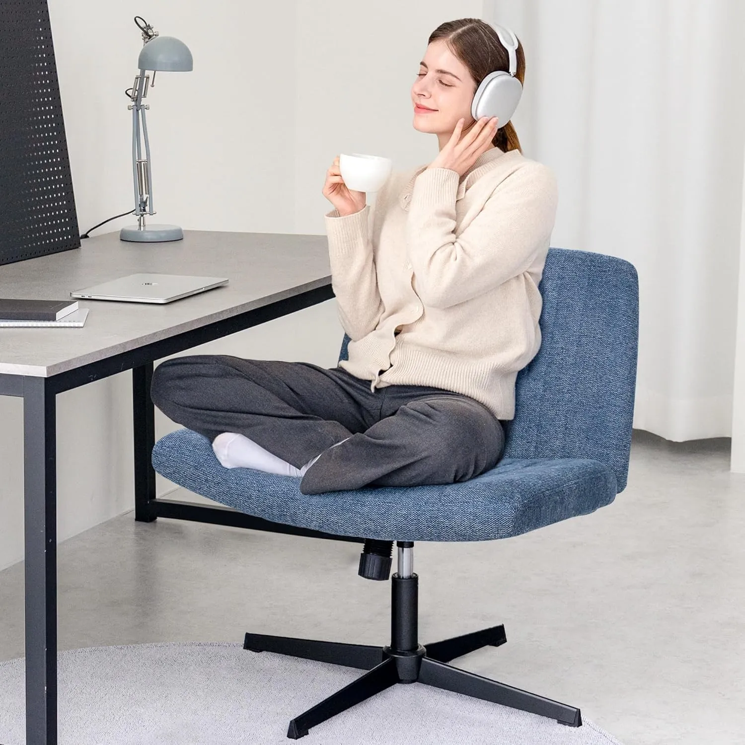Orange Factory Criss Cross Chair No Wheel Wide Cross Legged Office Desk Vanity Chair Comfy Fabric Armless Adjustable Swivel for Home Computer Task (Blue)