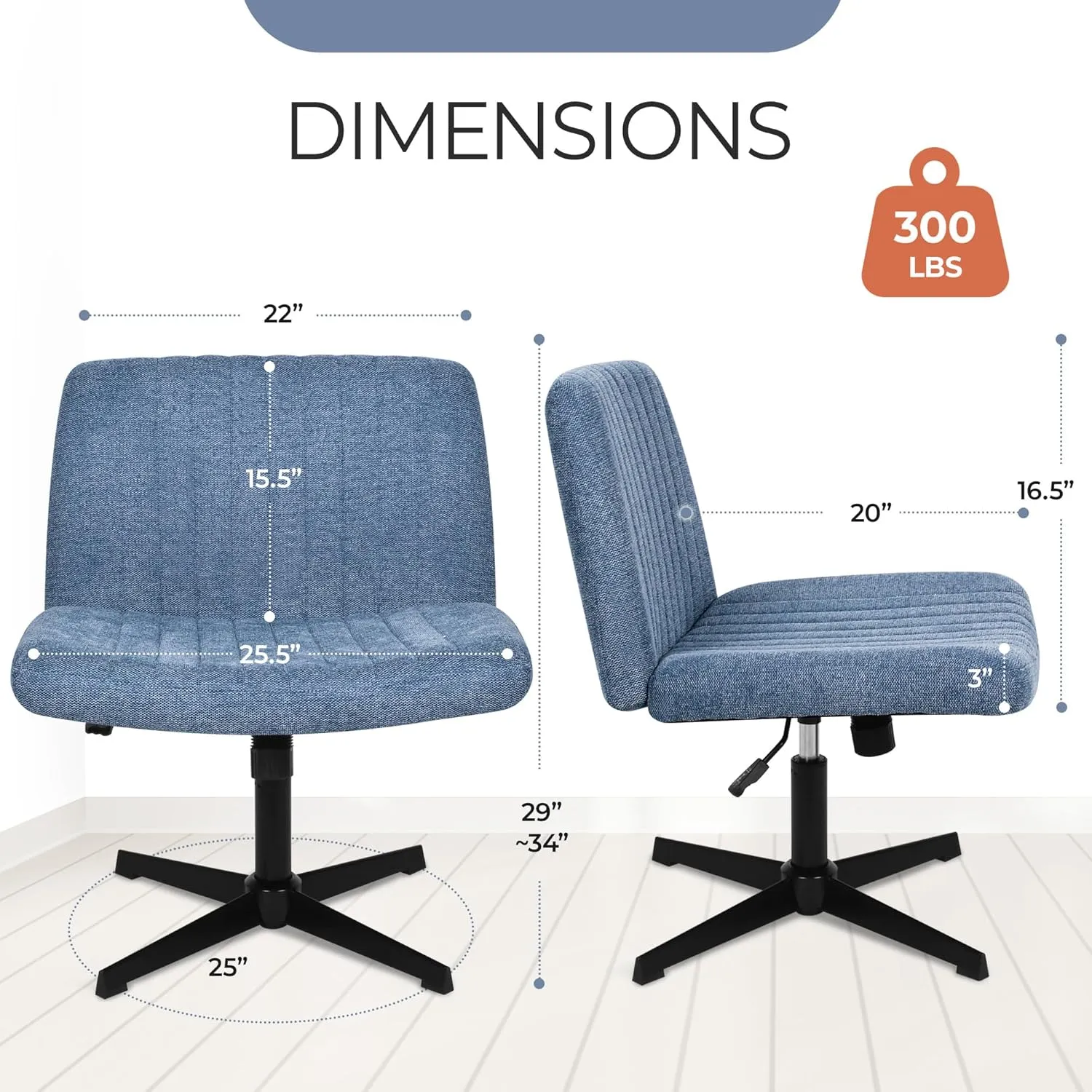 Orange Factory Criss Cross Chair No Wheel Wide Cross Legged Office Desk Vanity Chair Comfy Fabric Armless Adjustable Swivel for Home Computer Task (Blue)