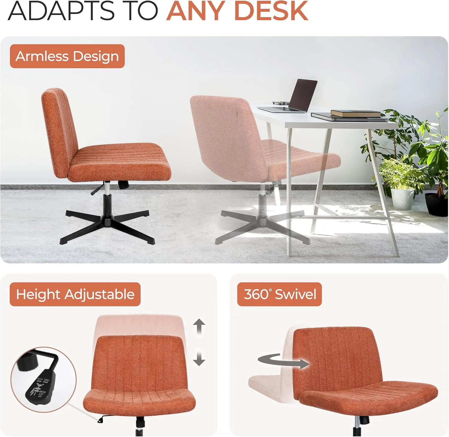 Orange Factory Criss Cross Chair No Wheel Wide Cross Legged Office Desk Vanity Chair Comfy Fabric Armless Adjustable Swivel for Home Computer Task (Brown)