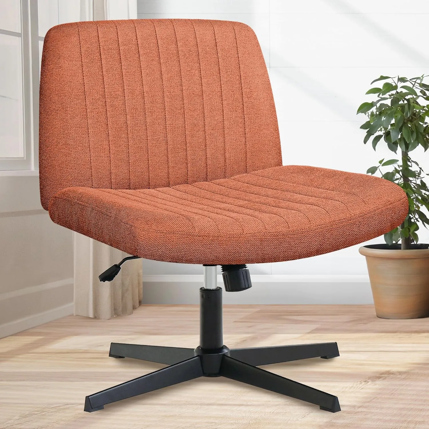 Orange Factory Criss Cross Chair No Wheel Wide Cross Legged Office Desk Vanity Chair Comfy Fabric Armless Adjustable Swivel for Home Computer Task (Brown)