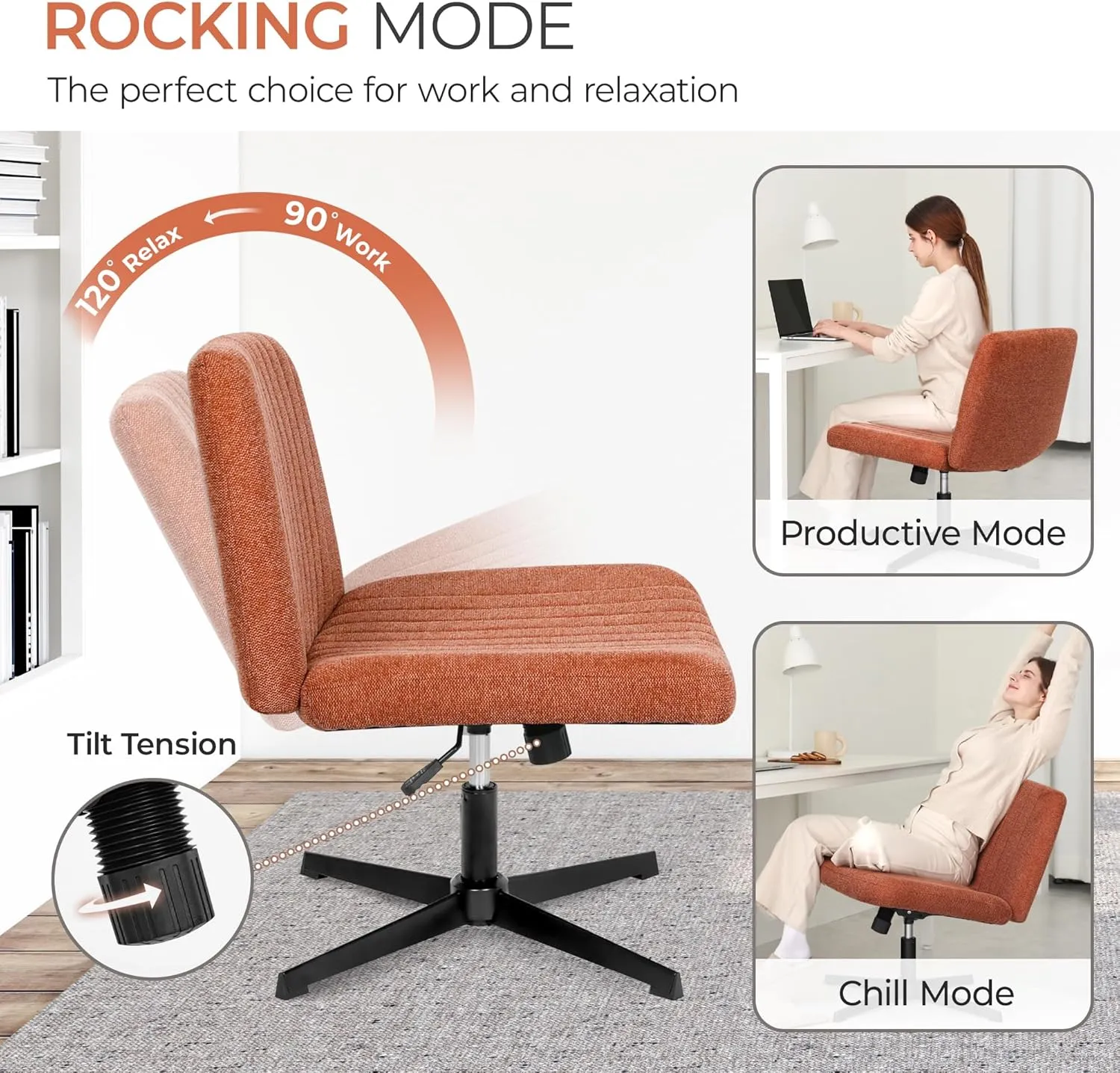 Orange Factory Criss Cross Chair No Wheel Wide Cross Legged Office Desk Vanity Chair Comfy Fabric Armless Adjustable Swivel for Home Computer Task (Brown)