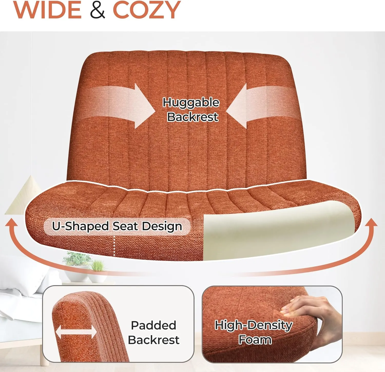Orange Factory Criss Cross Chair No Wheel Wide Cross Legged Office Desk Vanity Chair Comfy Fabric Armless Adjustable Swivel for Home Computer Task (Brown)