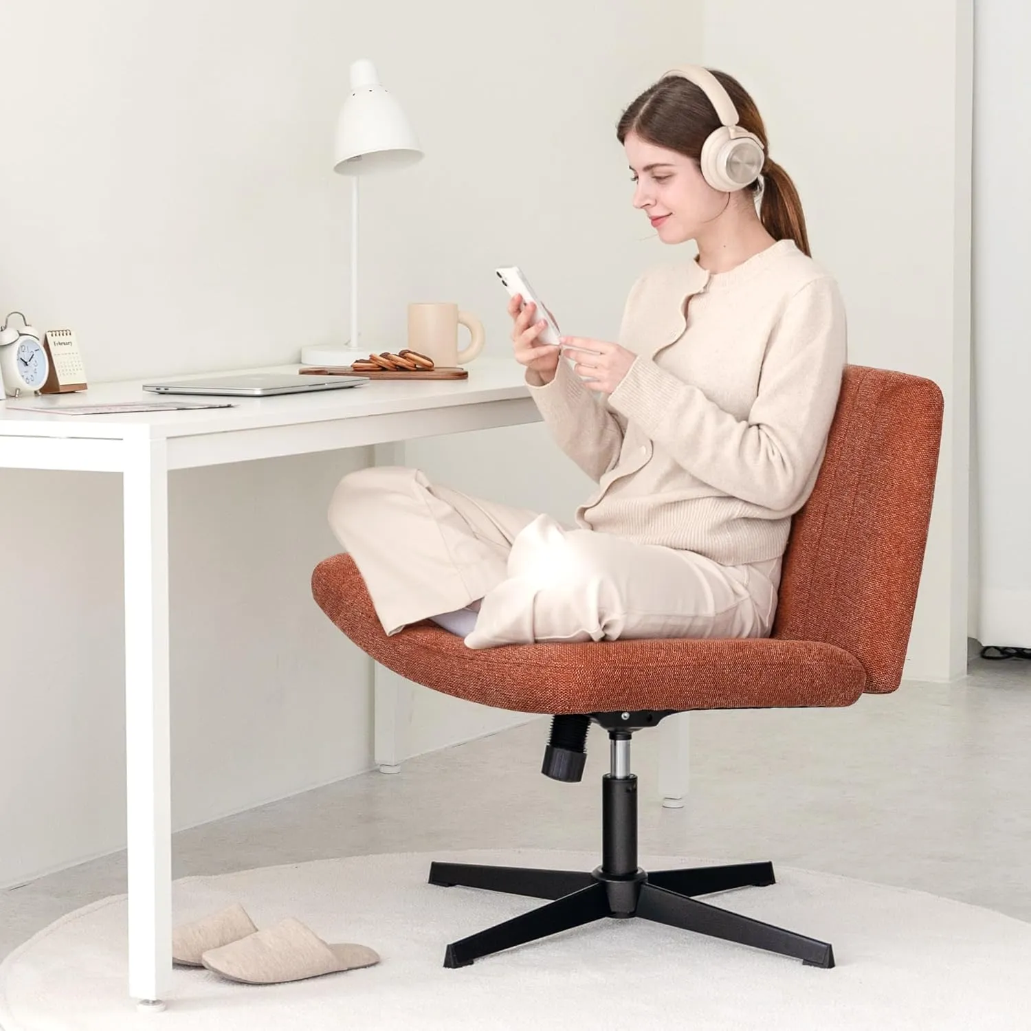 Orange Factory Criss Cross Chair No Wheel Wide Cross Legged Office Desk Vanity Chair Comfy Fabric Armless Adjustable Swivel for Home Computer Task (Brown)